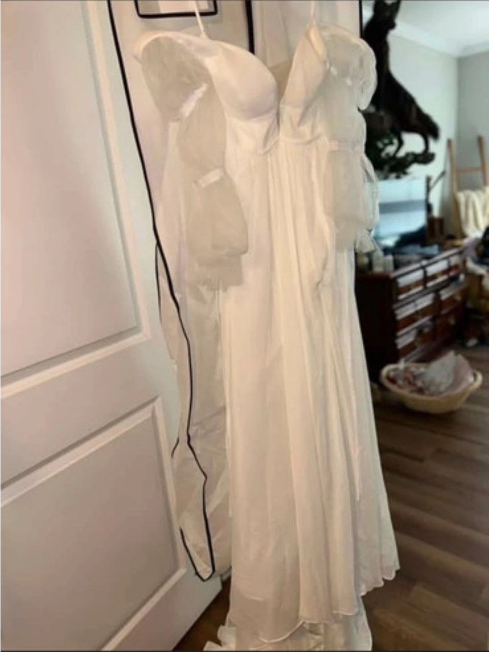 White Ruffled Tulle Wedding Dress with Puff Sleeve Detail